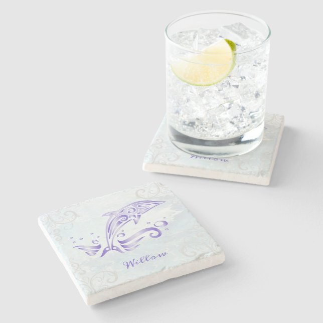 Purple Dolphin Personalised Stone Coaster (Side)
