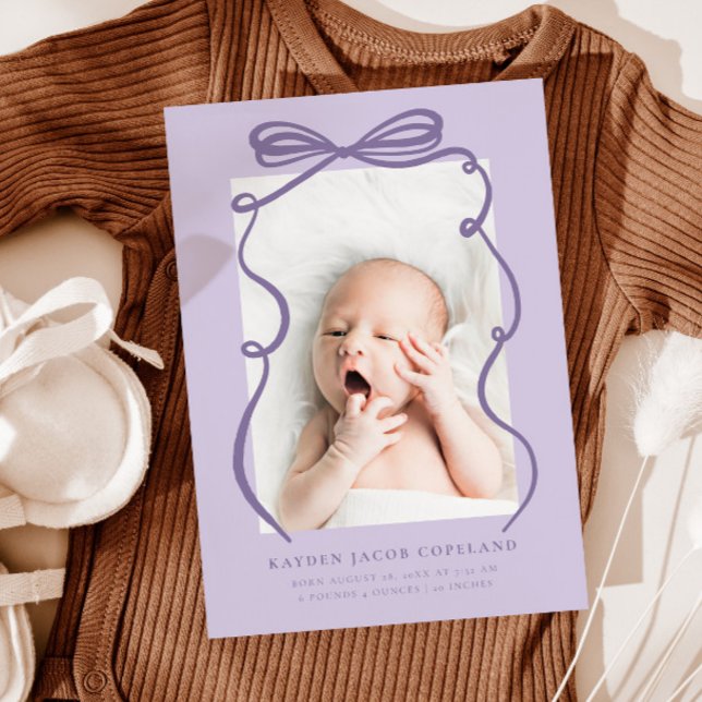 Purple Doodle Bow Frame Birth Announcement Photo (Creator Uploaded)