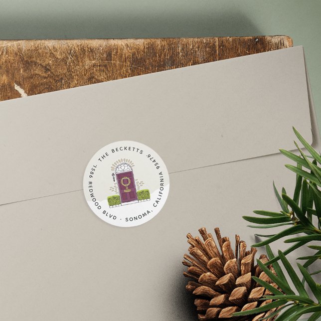 Purple Door Holiday Return Address Classic Round Sticker (Creator Uploaded)