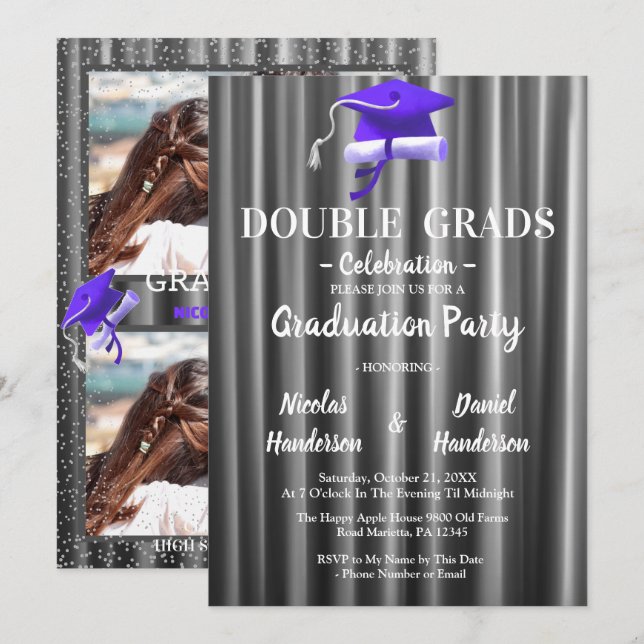Purple double Celebration Graduation Party 2 photo Invitation (Front/Back)