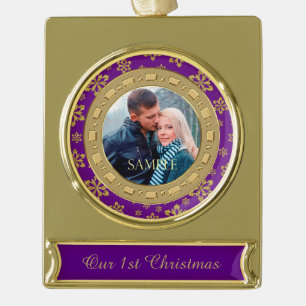 Purple Double Frame Snowflake First Christmas Gold Plated Banner Ornament