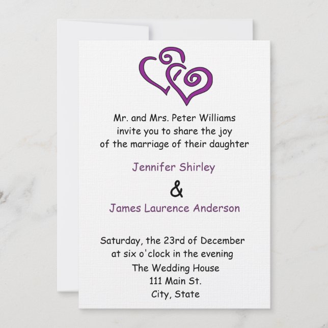 Purple Double Heart Wedding Invitation (Front)