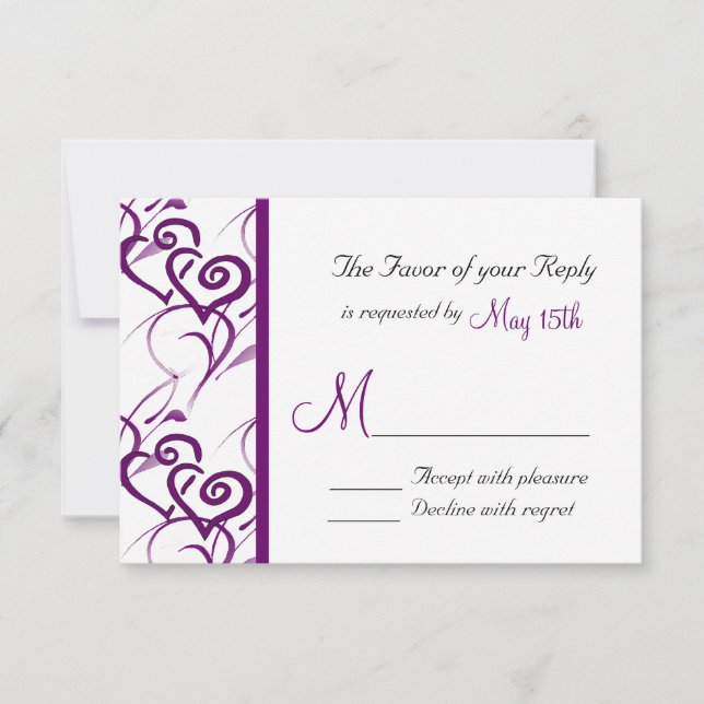 Purple Double Hearts Swirl Vines Wedding RSVP (Front)