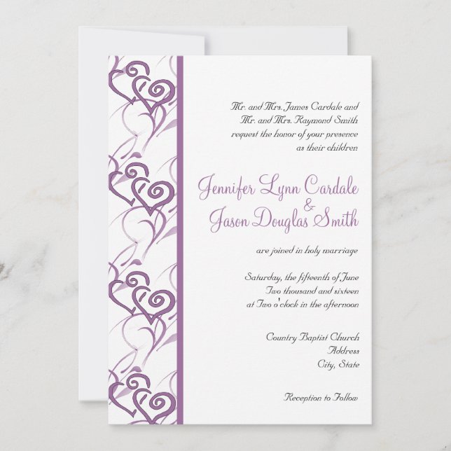 Purple Double Hearts Swirls Wedding Invitations (Front)