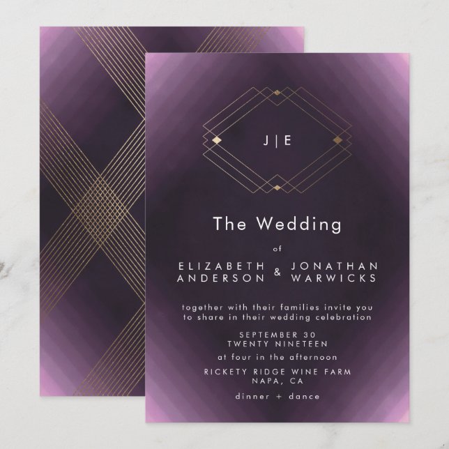Purple Double Monogram Geometric Gold Wedding Invitation (Front/Back)
