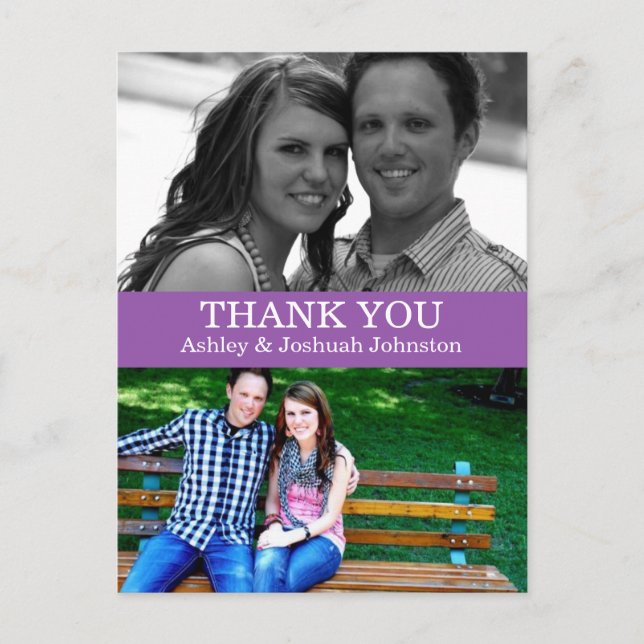 Purple Double Photo Thank You Wedding Post Cards (Front)