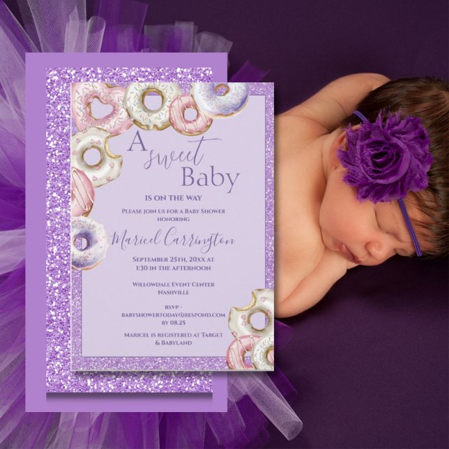 Purple Doughnuts Glitter Watercolor Baby Shower Invitation (Creator Uploaded)