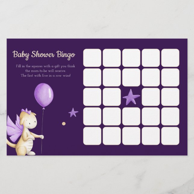 Purple Dragon and Balloon Baby Shower Bingo Game (Front)