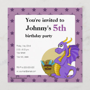 Purple dragon cartoon birthday print invitations