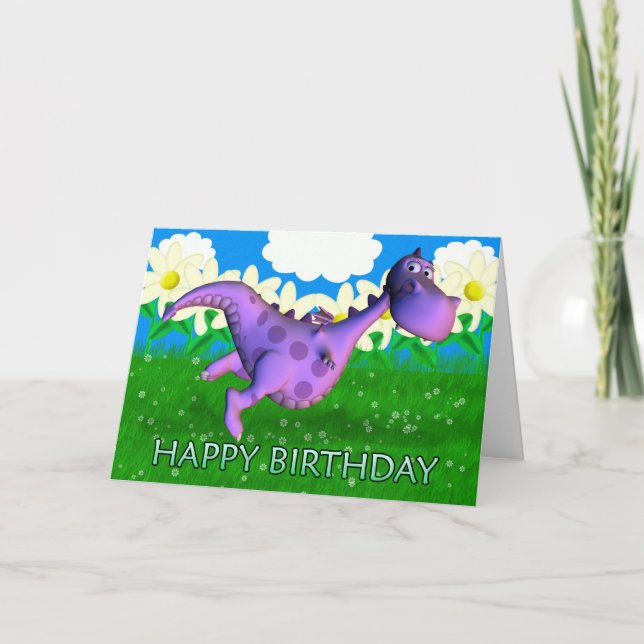 Purple dragon dancing in the Garden Birthday Card (Front)