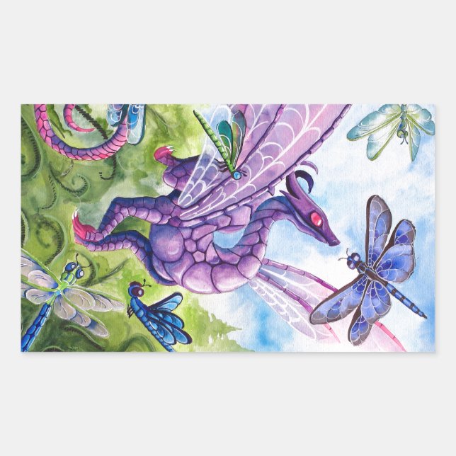 Purple Dragon Dragonfly spring artwork Rectangular Sticker (Front)
