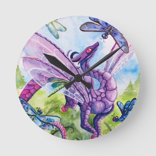 Purple Dragon Dragonfly spring artwork Round Clock (Front)
