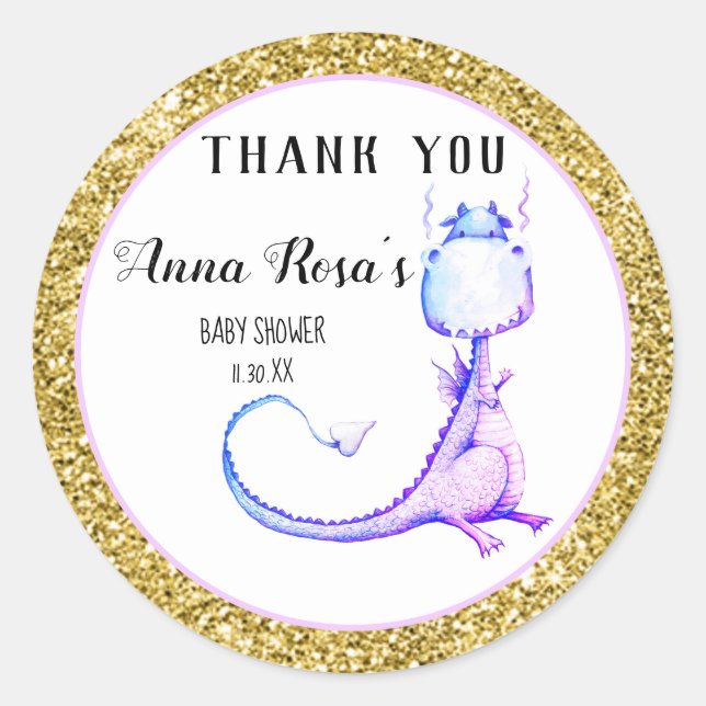 *~* Purple Dragon Glitter Baby Shower Thank You Classic Round Sticker (Front)