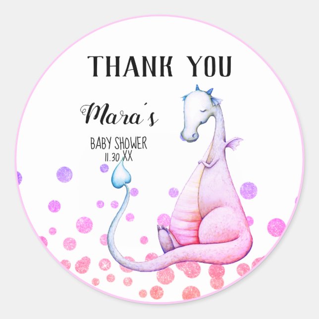 *~* Purple  Dragon Glitter Baby Shower Thank You Classic Round Sticker (Front)
