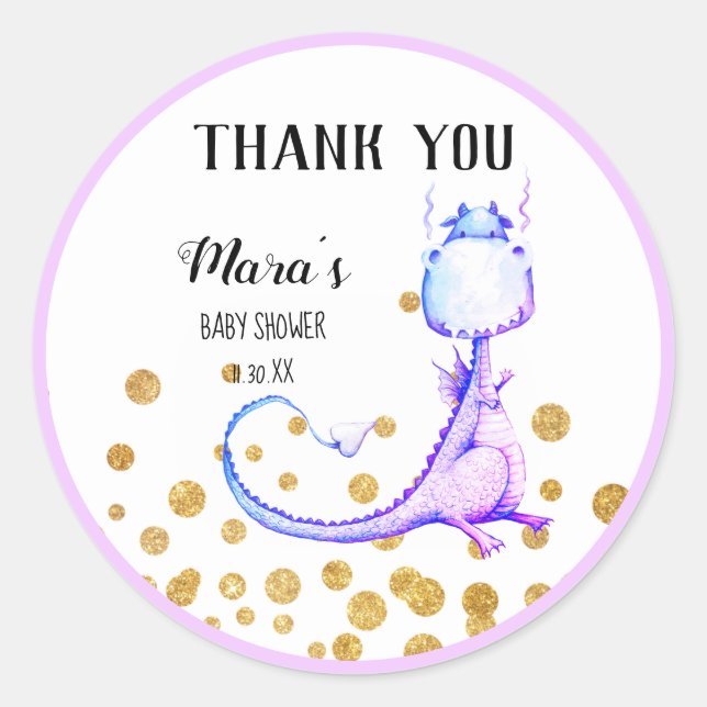 *~* Purple Dragon Glitter Baby Shower Thank You Classic Round Sticker (Front)