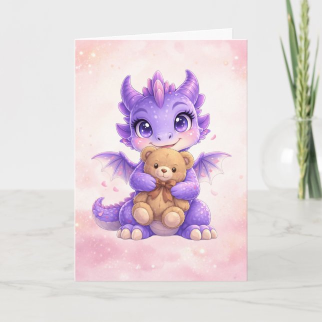Purple Dragon Hugging Teddy Blank Greeting Card (Front)