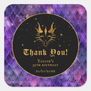 Purple Dragon Scales Gold Birthday Thank You Square Sticker