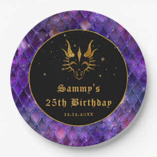 Purple Dragon Scales Gold Faux Glitter Birthday Paper Plate