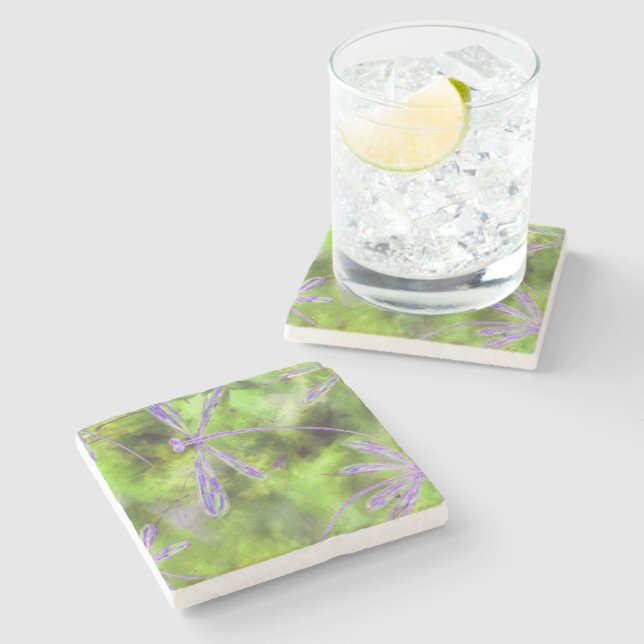 Purple Dragonflies on Lime Stone Coaster (Side)