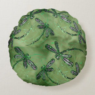 Purple Dragonflies on Soft Green Round Cushion