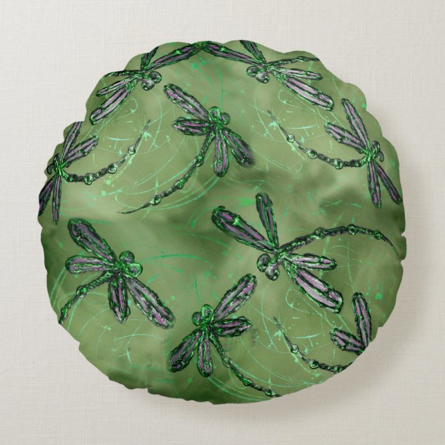Purple Dragonflies on Soft Green Round Cushion (Front)