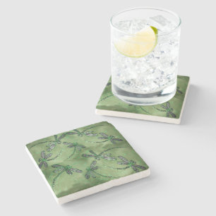 Purple Dragonflies on Soft Green Stone Coaster