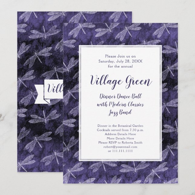 Purple Dragonflies Summer Night Elegant BBQ Party Invitation (Front/Back)