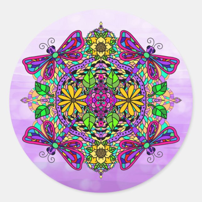 Purple Dragonfly and Flowers Mandala Hand Drawn   Classic Round Sticker (Front)