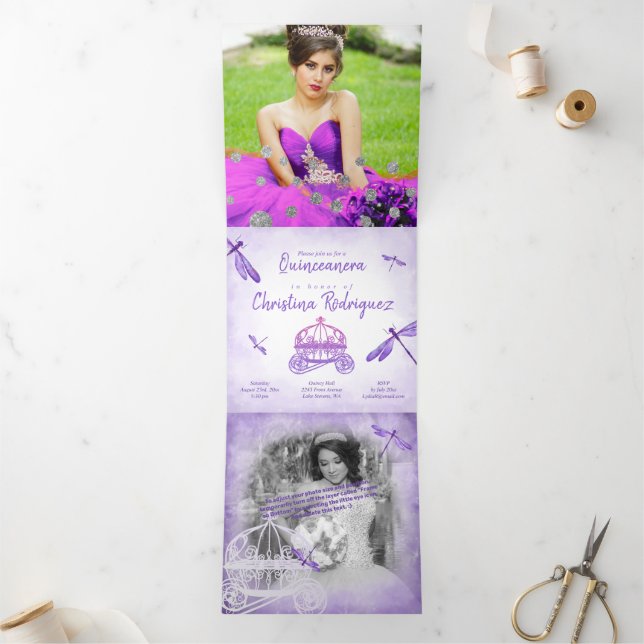 Purple Dragonfly, Carriage Quinceañera Invitation (Inside)