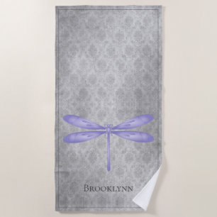 Purple Dragonfly Damask Beach Towel