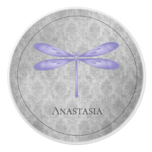Purple Dragonfly Damask Ceramic Knob