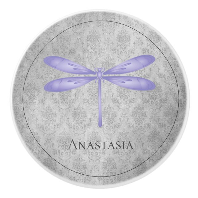 Purple Dragonfly Damask Ceramic Knob (Front)