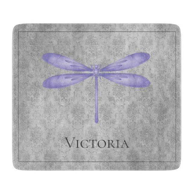 Purple Dragonfly Damask Cutting Board (Front)
