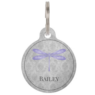 Purple Dragonfly Damask Round Pet Tag