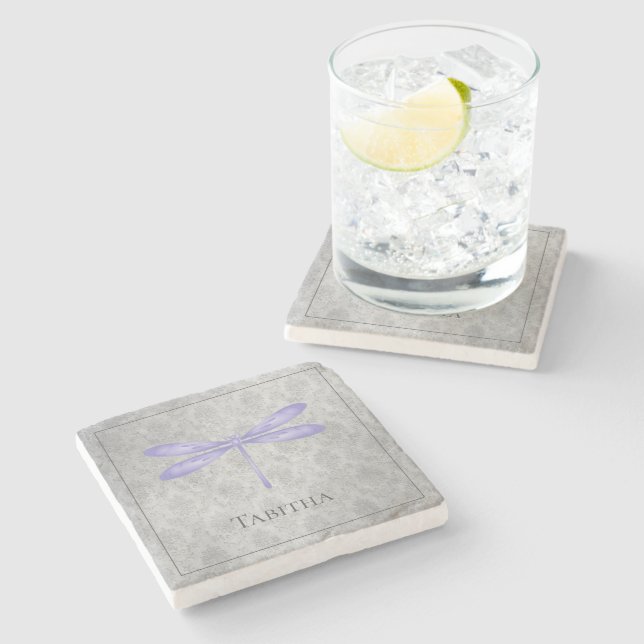Purple Dragonfly Damask Stone Coaster (Side)