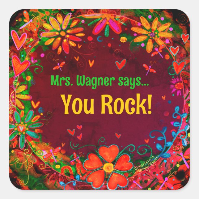 Purple Dragonfly Heart Floral Custom Teacher  Square Sticker (Front)