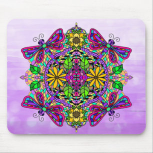 Purple Dragonfly Mandala Hand Drawn Art Mouse Mat