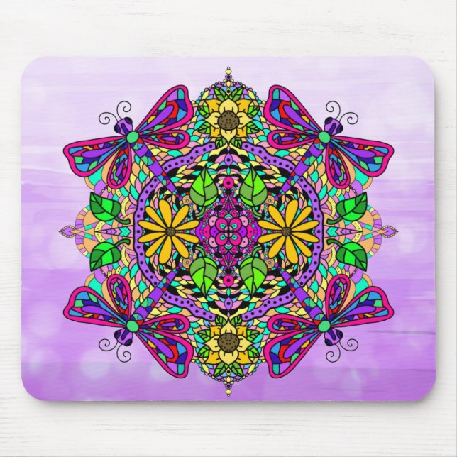 Purple Dragonfly Mandala Hand Drawn Art Mouse Mat (Front)