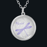 Purple Dragonfly Necklace<br><div class="desc">Personalise a unique gift for your bridesmaids with a Purple Dragonfly Necklace. Necklace design features a vibrant dragonfly against an elegant floral vine and grey damask background. Personalise with the bridesmaid's name for a cherished reminder of your big day. Additional wedding stationery available with this design as well. Need help...</div>