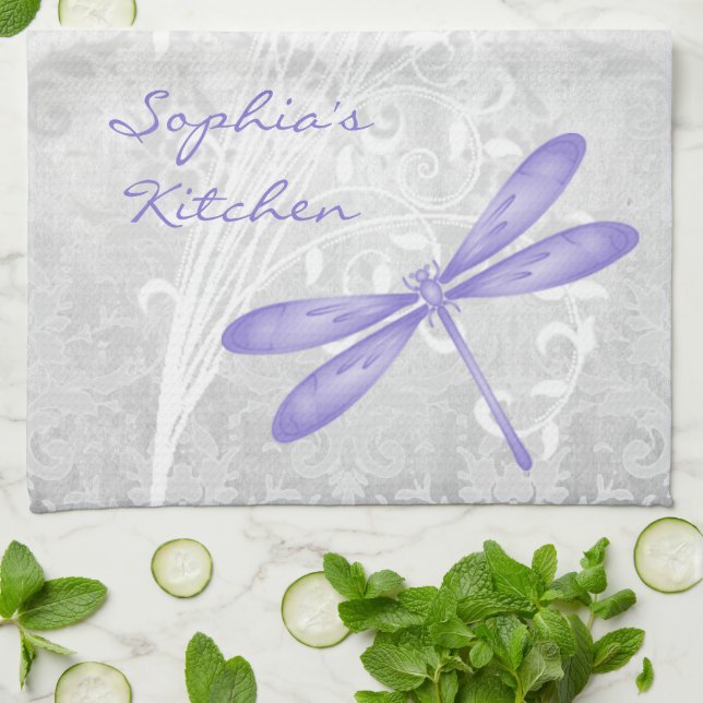 Purple Dragonfly Personalised Kitchen Towel (Folded)