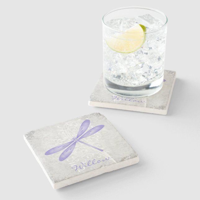 Purple Dragonfly Personalised Stone Coaster (Side)