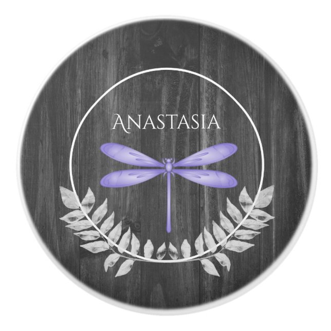Purple Dragonfly Rustic Personalised Ceramic Knob (Front)