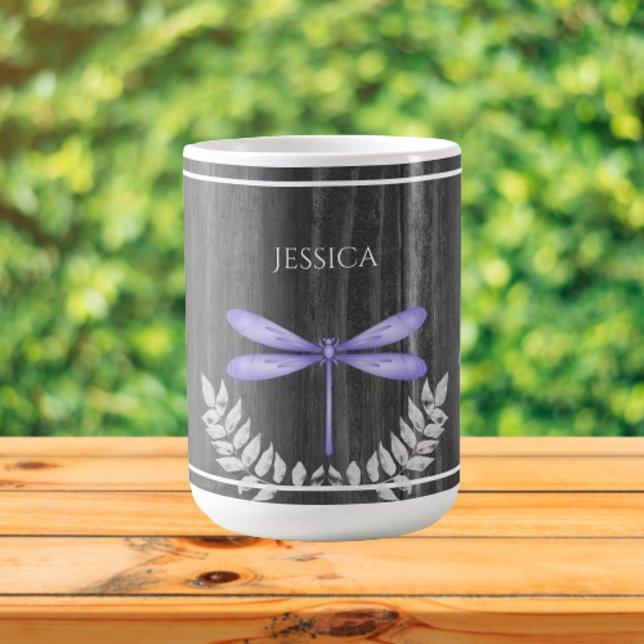 Purple Dragonfly Rustic Personalised Coffee Mug (Purple Rustic Dragonfly Personalized Coffee Mug)