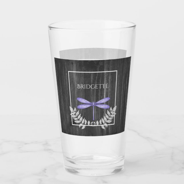 Purple Dragonfly Rustic Personalised Glass (Front)