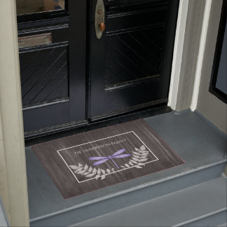 Purple Dragonfly Rustic Personalized Doormat