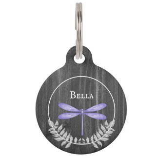 Purple Dragonfly Rustic Round Pet Tag