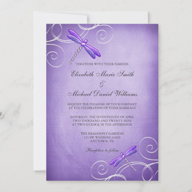 Purple Dragonfly Swirls Wedding Invitations (Front)