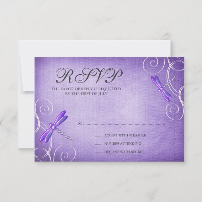 Purple Dragonfly Swirls Wedding Response Card (Front)