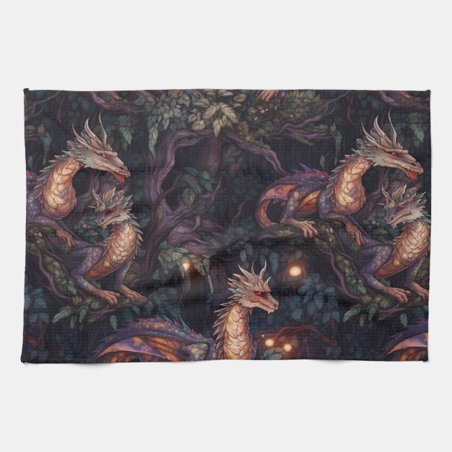 Purple Dragons Perched in Trees Tea Towel (Horizontal)