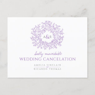 Purple drawn leaf monogram wedding cancellation announcement postcard